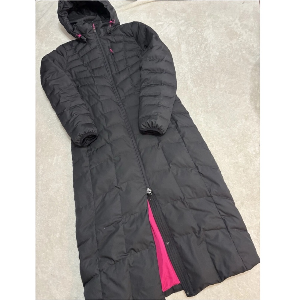 Lands' End Women's Down Puffer Maxi Coat in black with pink accents L